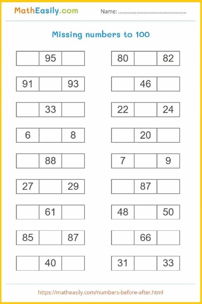 Worksheet featuring missing numbers from 1 to 100 for kindergarten counting practice