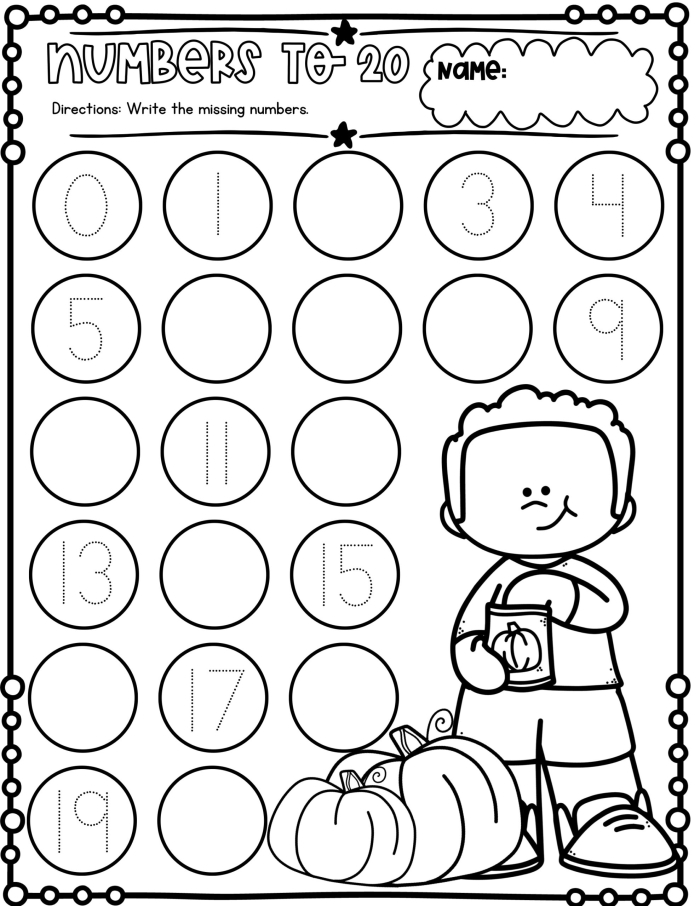 Kindergarten student completing a counting and writing numbers 1 to 20 practice worksheet