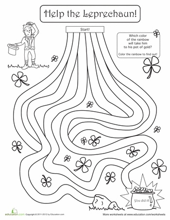 Children's St. Patrick's Day Rainbow Maze worksheet for counting and coloring fun