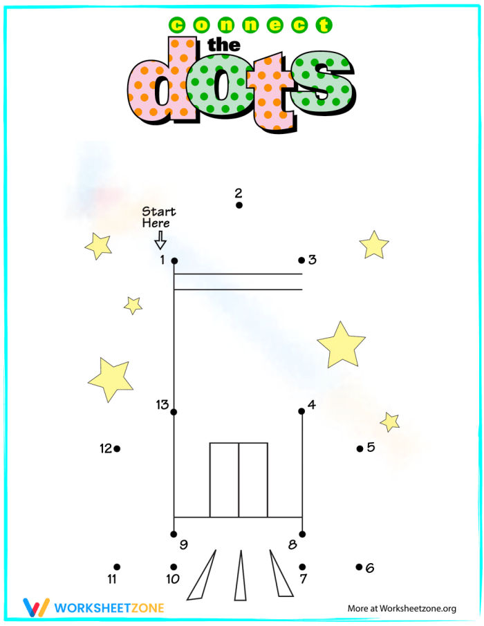 Kindergarten worksheet featuring a rocket ship connect the dots puzzle for counting to 10