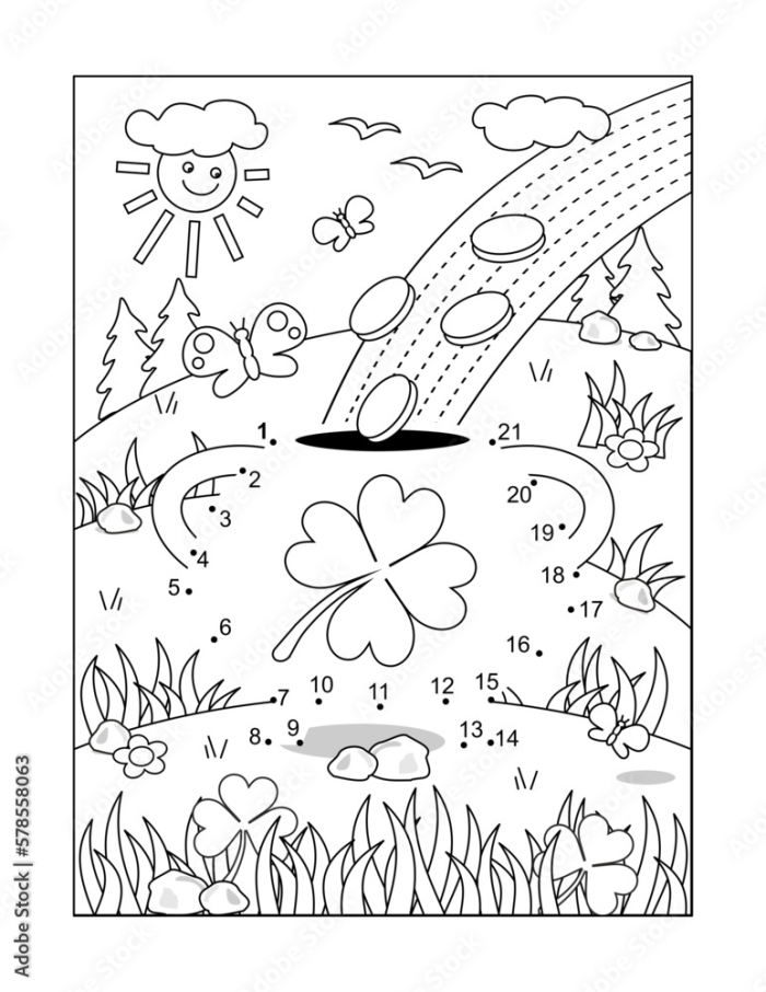 St. Patrick's Day Lucky Shamrock Dot-to-Dot Counting Worksheet for Young Learners Green shamrock dot-to-dot activity for kindergarten students to practice counting and connect numbered dots