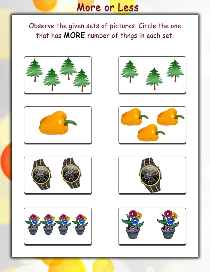 Kindergarten math worksheet for comparing quantities and practicing less or more counting skills