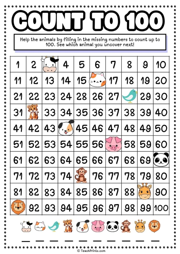 Kindergarten glossary worksheet showing various counting methods for the number 100 for EL students