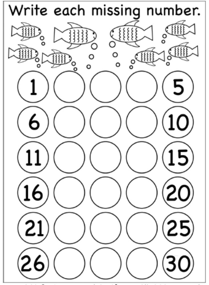 Kindergarten worksheet for practicing counting and writing missing numbers up to 30