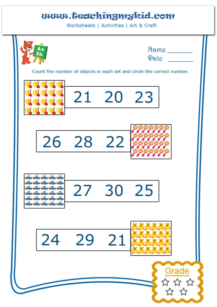 Fun counting worksheet for kindergarteners to practice filling in missing numbers up to 30