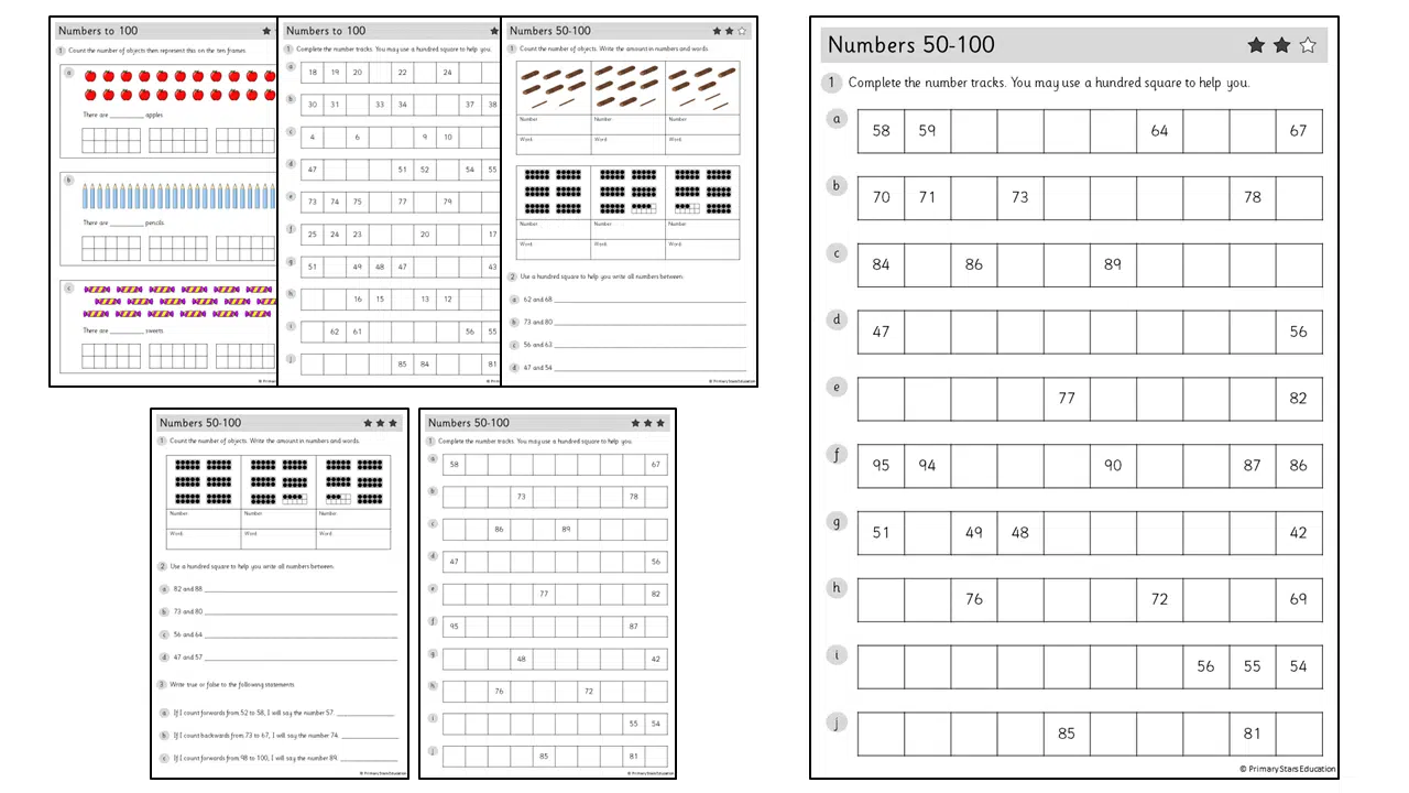 Glossary worksheet for counting to 100 in kindergarten sight words