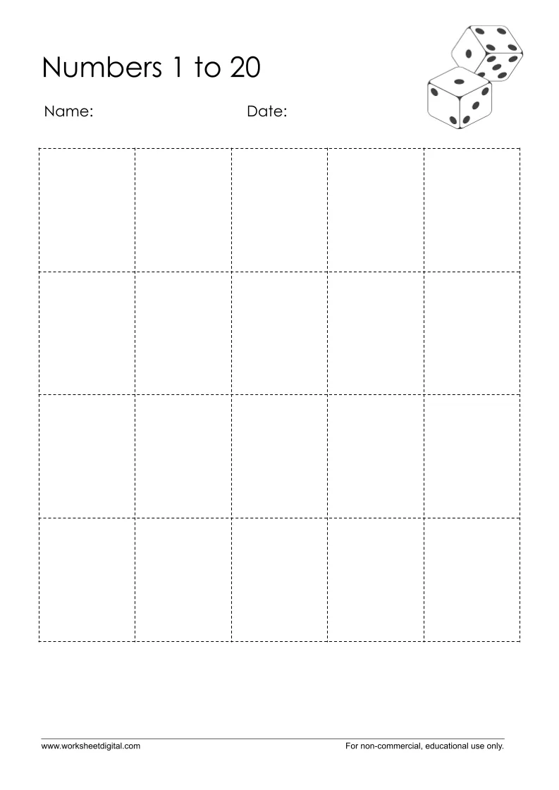 Worksheet showing numbers 1 to 20 for kindergarten students to practice counting