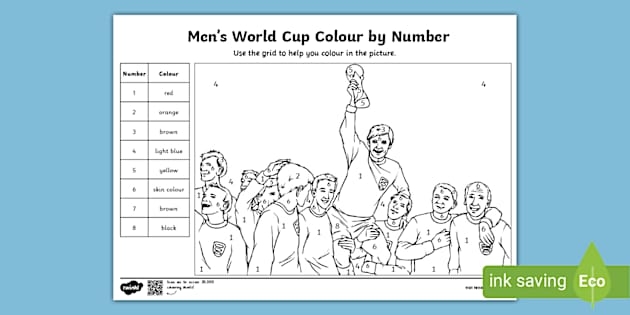 World Cup Color-by-Number worksheet designed for kindergarten kids to practice numbers and counting