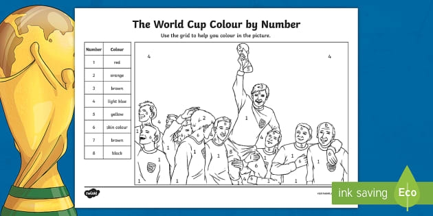 World Cup Color-by-Number worksheet for kindergarten kids with vibrant colors and numbers to enhance counting skills