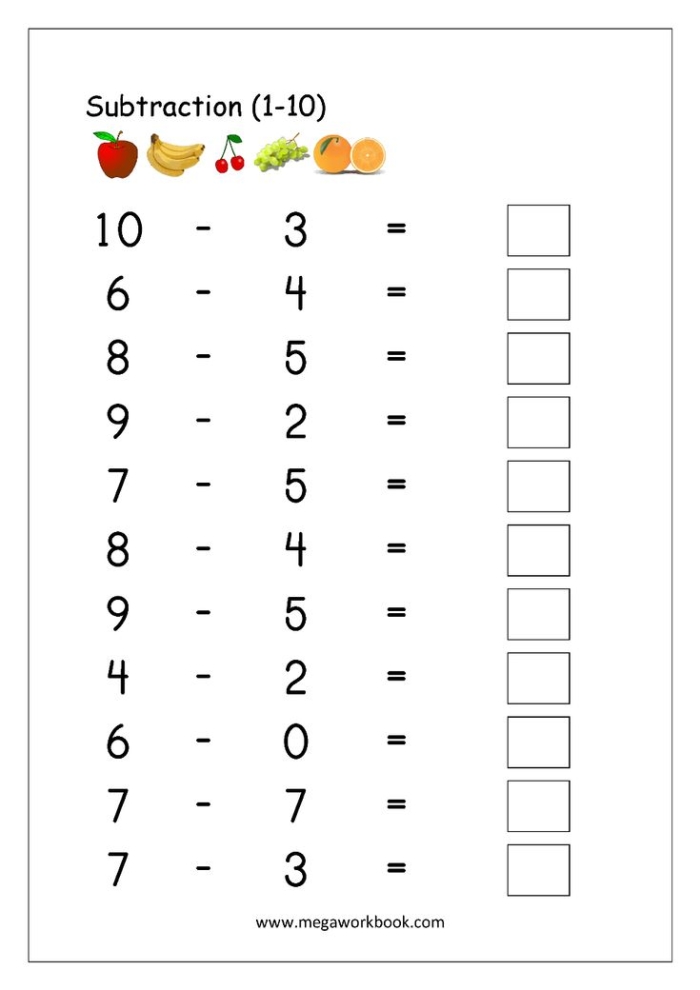 Kindergarten subtraction practice worksheet featuring cross-out math problems up to 10