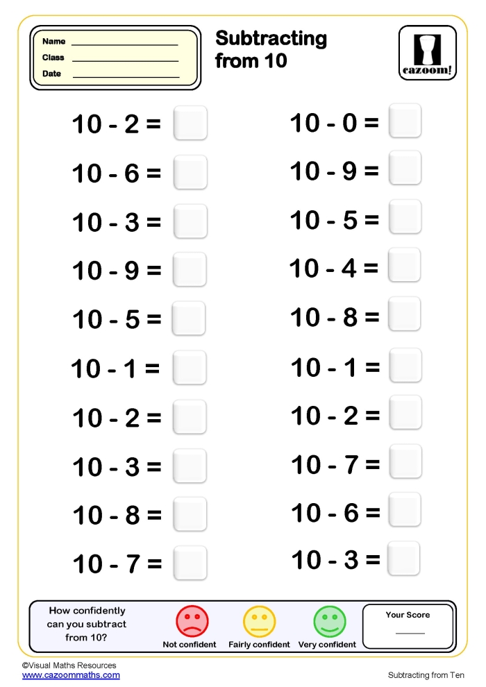 Kindergarten student using a cross-out subtraction to 10 worksheet with life science themes