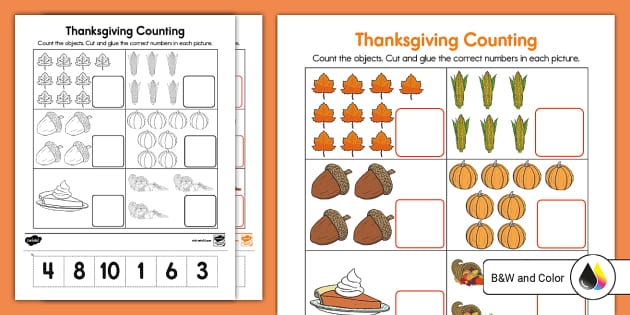 Kindergarten student assembling a funny turkey decoration with a cut-and-paste activity sheet