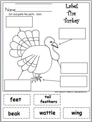 Colorful Cut-and-Paste Turkey worksheet for kids to create a festive decoration