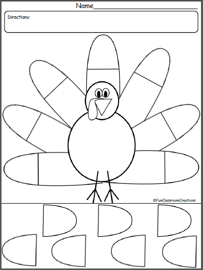 Cut-and-paste worksheet featuring turkey body parts and pilgrim attire for a fun Thanksgiving craft
