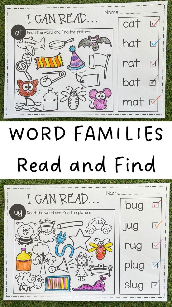 Kindergarten student working on a cut and paste activity to practice reading and spelling ike family words