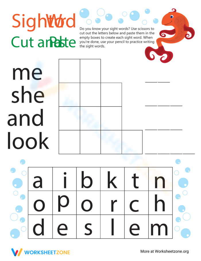 Engaging sight word spelling practice for young learners in geometry Kindergarten sight word spelling worksheet featuring cut-and-paste activities
