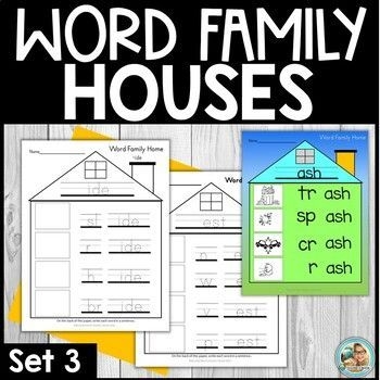 Kindergarten worksheet featuring cut-and-paste houses for sorting -at and -ay word family words