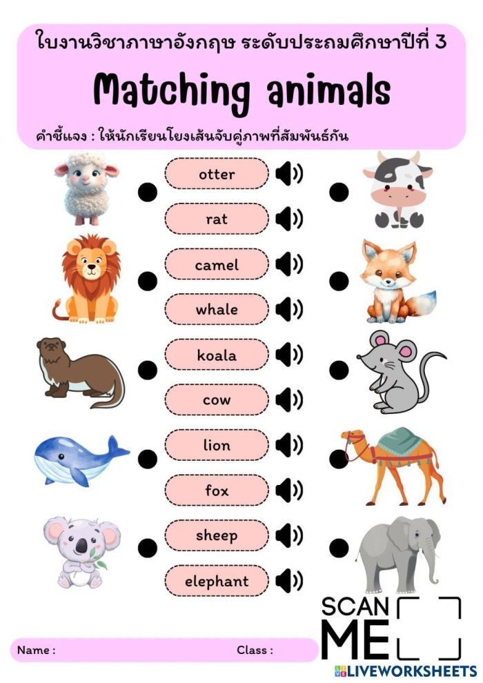 Kindergarten student matching CVC words to cute animal pictures in a reading worksheet