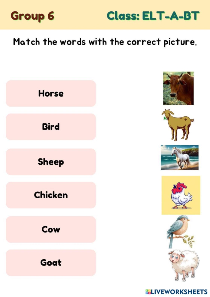 Kindergarten student matching CVC words to animal pictures on a reading worksheet