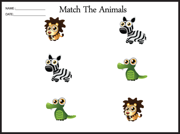 Kindergarten matching animals worksheet featuring CVC words for beginning readers