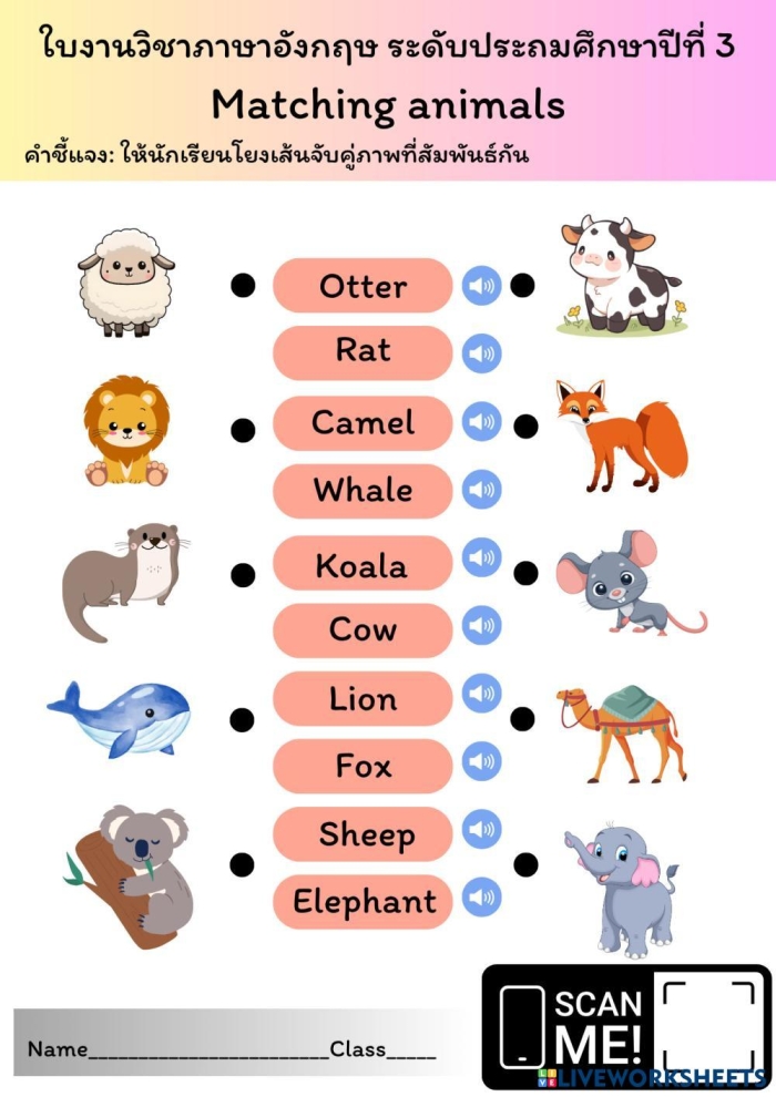 Kindergarten student matching CVC words to colorful animal pictures on a reading worksheet
