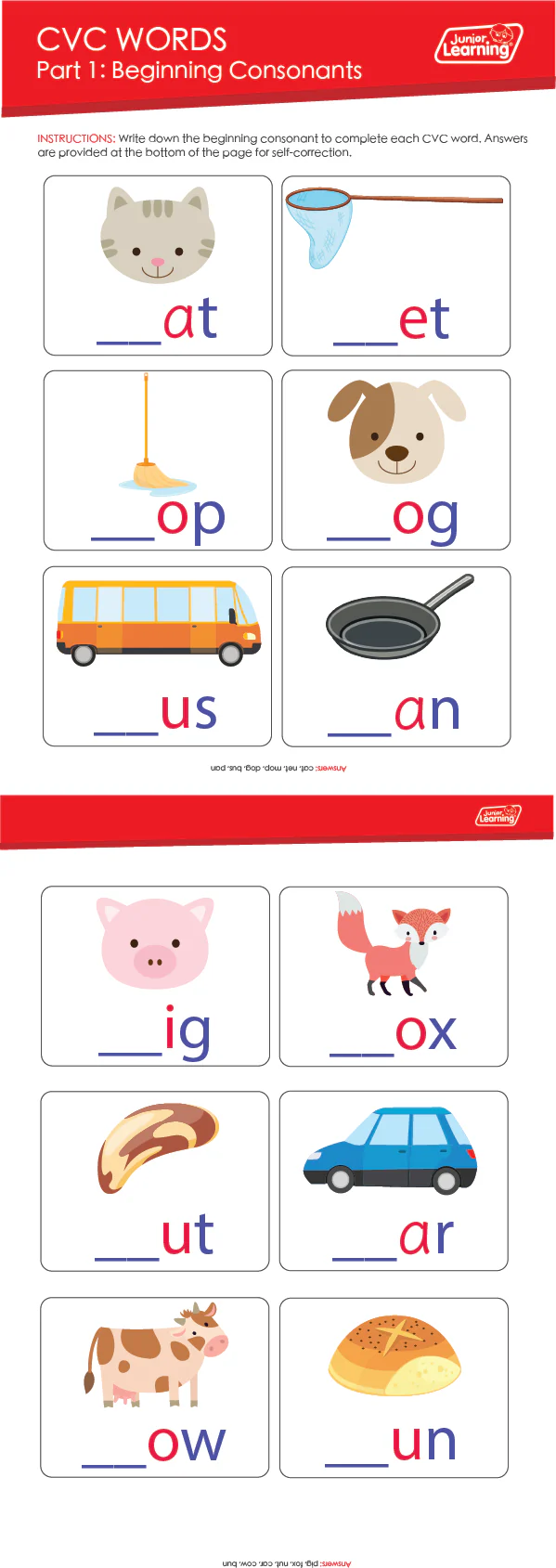 Kindergarten students practicing CVC phonics with a list of simple consonant vowel consonant words