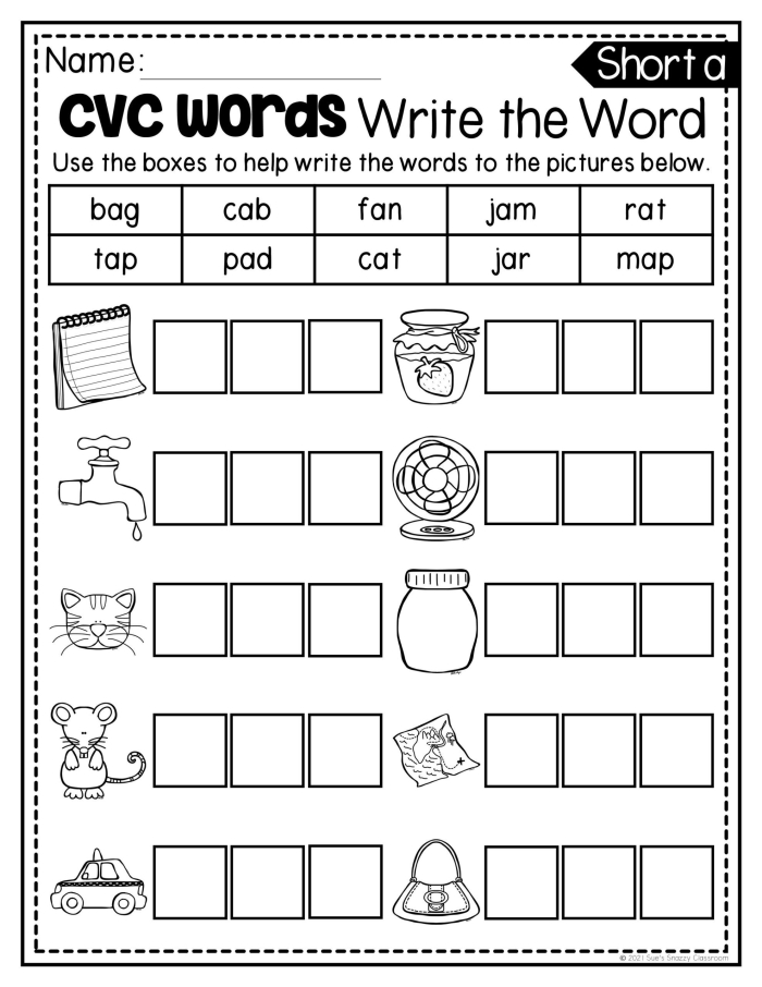 Worksheet featuring short A CVC words with playful illustrations of cats, bats, and hats
