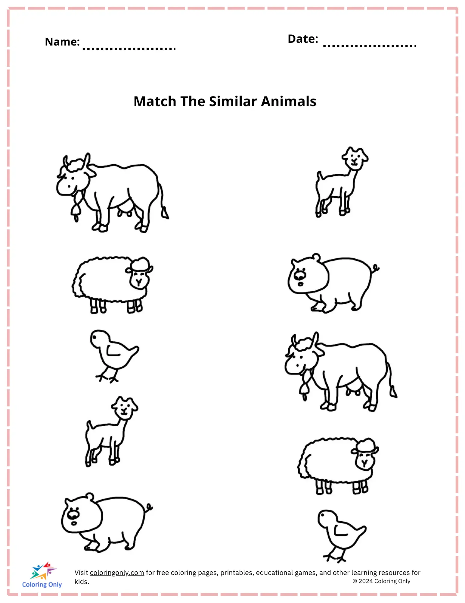 Kindergarten student matching CVC animal words to colorful animal pictures on a worksheet