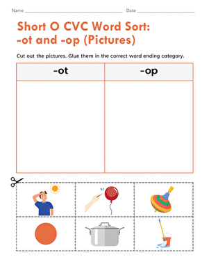 Kindergarten student completing a short A word sort worksheet by categorizing at and an word families