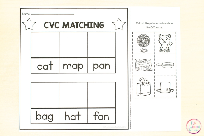 Short A CVC Word Sort Activity Sheet 10 Showing Picture Categorization Kindergarten students sorting picture cards into -at and -an word families on a worksheet