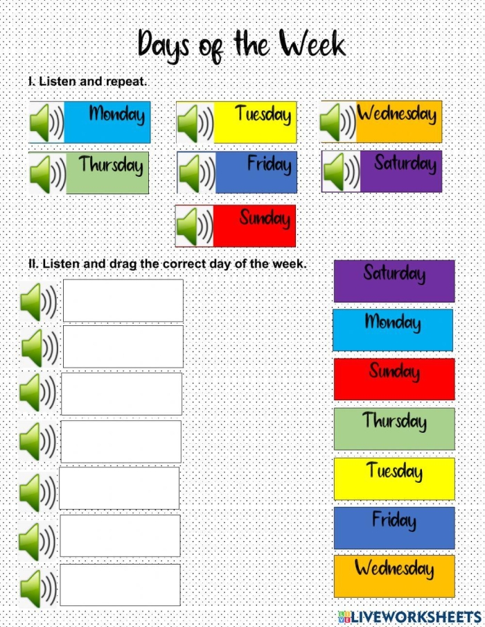 Colorful Days of the Week worksheet designed for kindergarten students