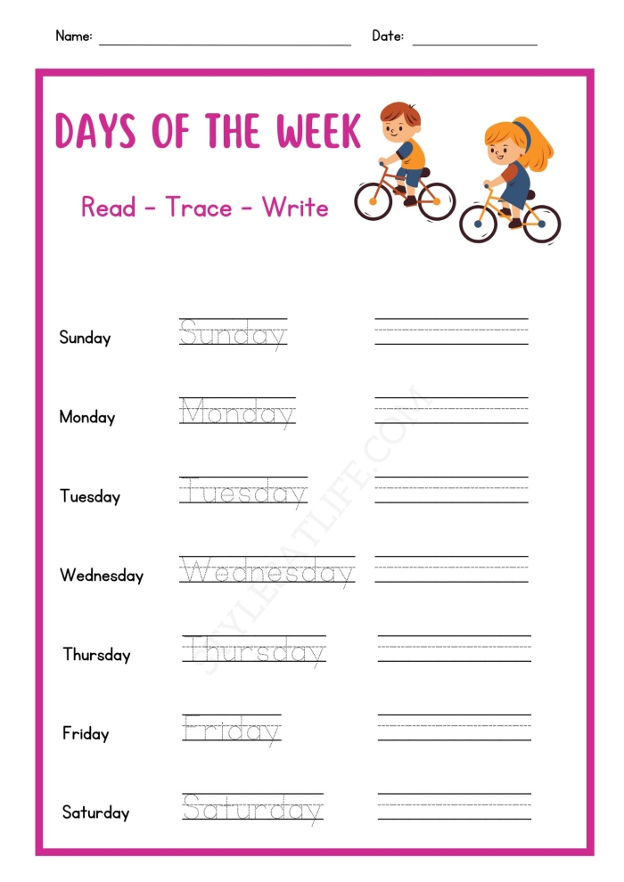 Days of the Week worksheet designed for kindergarten students to learn the sequence of days. Engaging visual aid for teaching the order of the days of the week.