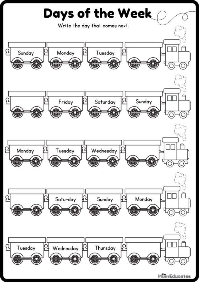 Kindergarten worksheet for practicing the order of the days of the week in a life science context
