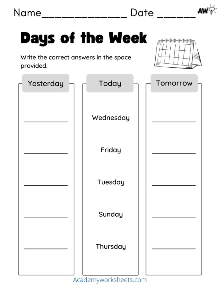 Kindergarten worksheet for learning the order of the days of the week in life science