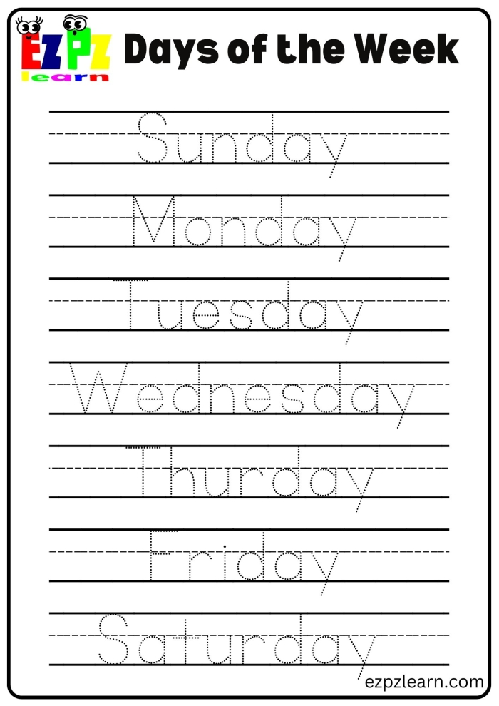 Kindergarten student practicing the chronological order of the days of the week on a printable worksheet