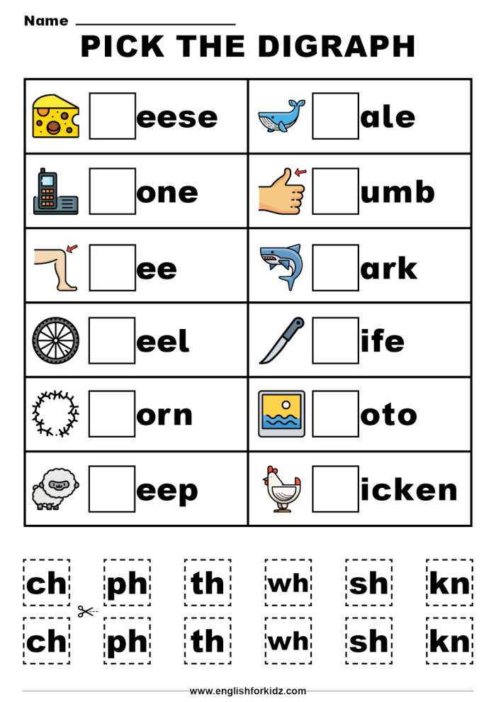 Kindergarten Roll a Word Beginning Consonant Digraphs Hands-On Phonics Worksheet 23 Roll a Word phonics worksheet showing beginning consonant digraphs practice activity for kindergarten students with dice and word-building exercises