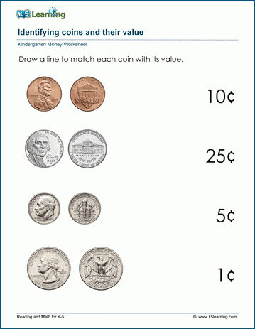Kindergarten worksheet featuring a cute illustration to help children identify and count dimes