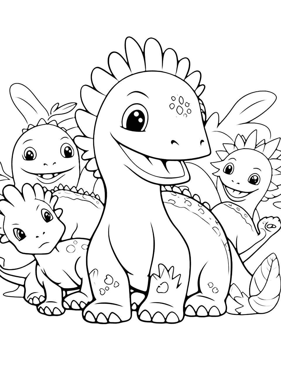 Adorable dinosaur coloring page for kindergarten students featuring a snack break Cute dinosaur enjoying a snack of healthy leaves on a coloring page worksheet
