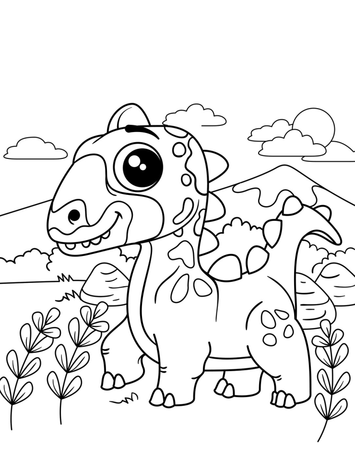 Adorable dinosaur taking a break to munch on leaves, perfect for kindergarten coloring fun Cute dinosaur enjoying a snack of nutritious leaves on a coloring page worksheet