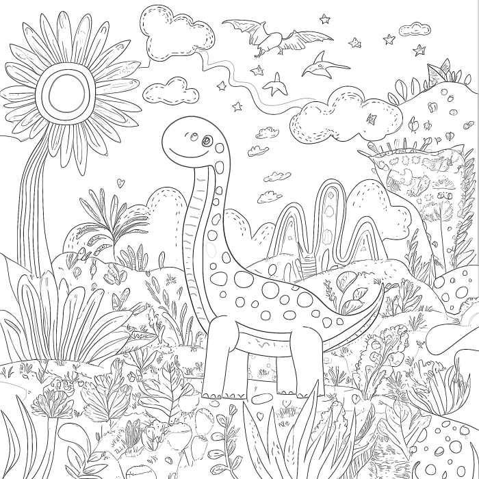 Adorable dinosaur coloring page for kindergarten grammar and mechanics activities Cute dinosaur enjoying a snack of nutritious leaves in a coloring page worksheet