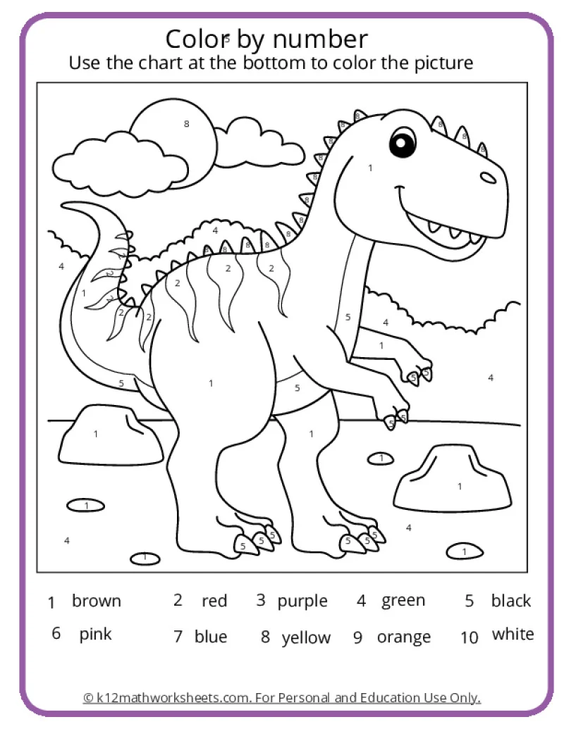 Color by Number The Dinosaur Worksheet for Kindergarten Algebra Practice Kindergarten dinosaur color by number math worksheet with prehistoric landscape