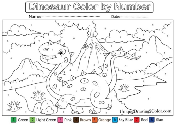 Color by Number Dinosaur Activity Page 21 for Early Learners Kindergarten student coloring a dinosaur worksheet with numbered sections in different colors for math practice