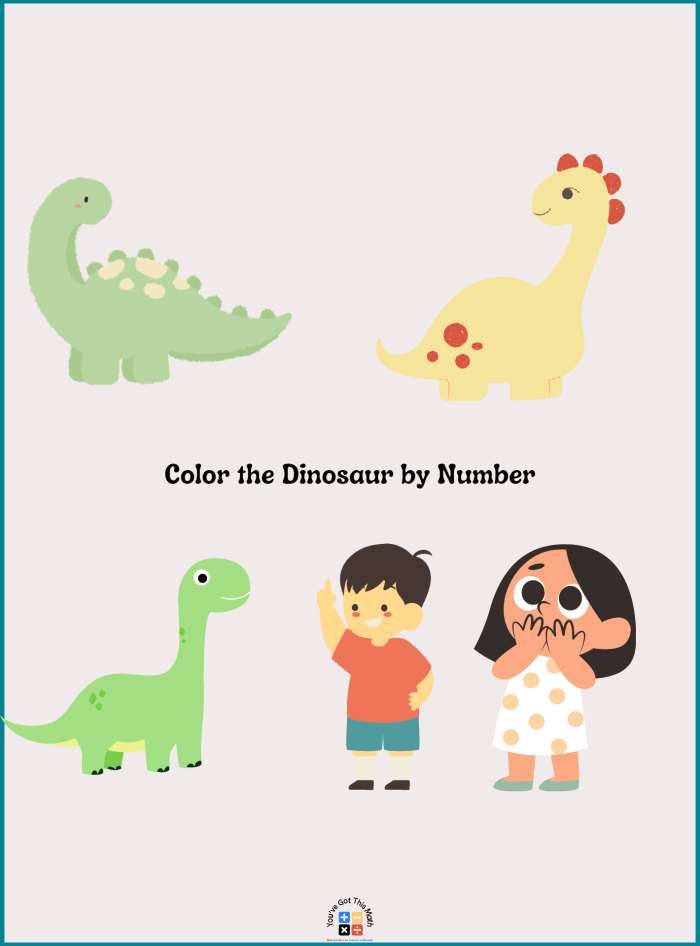 Color by Number Dinosaur Math Worksheet for Kindergarteners 2 Kindergarten student coloring a prehistoric dinosaur worksheet by matching numbers to colors