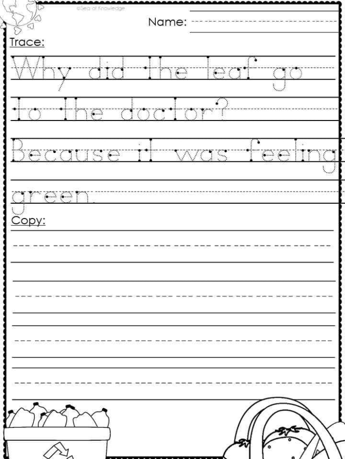 Colorful food-themed division worksheet for kindergarten handwriting practice