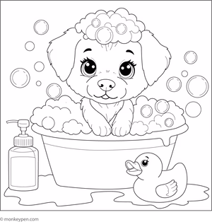 Color the Dog at Bath Time worksheet for kindergarten students