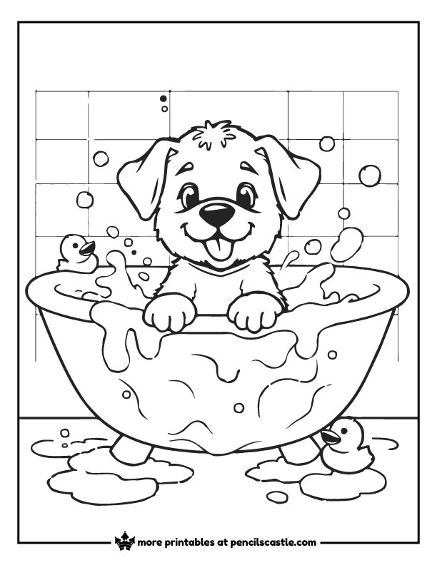 Coloring page featuring a cheerful dog enjoying bath time, perfect for kids. Fun worksheet for young learners to practice their coloring skills.