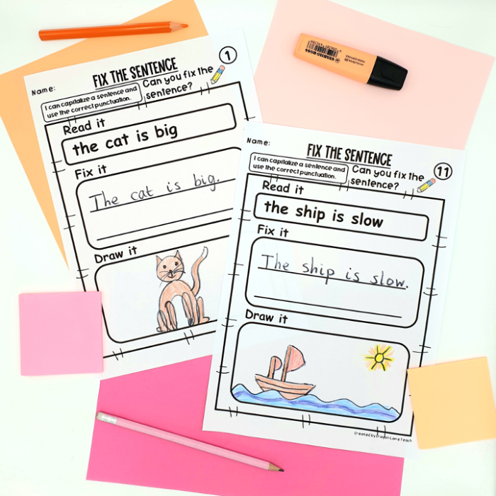 Fix the Sentences Dog Days worksheet for first grade reading and writing practice 7 Kindergarten student completing the Fix the Sentences Dog Days grammar worksheet
