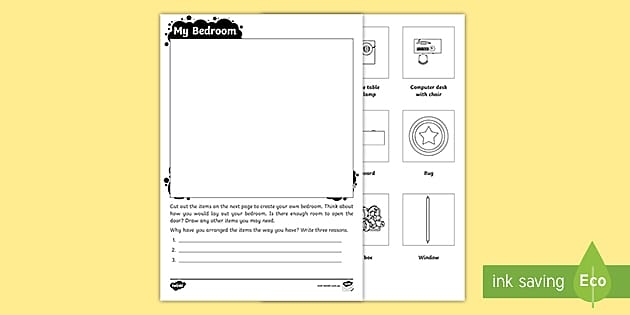 A kindergarten student using scissors to cut out illustrations of furniture for their dream bedroom worksheet