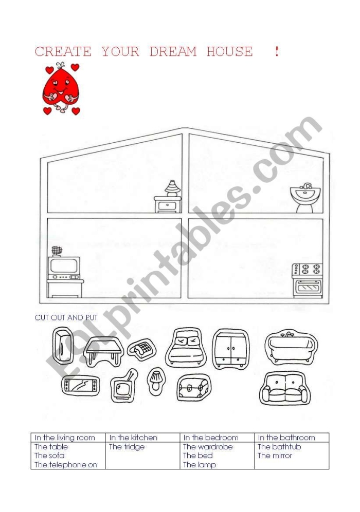 Dream Bedroom worksheet for kindergarten students featuring cut and paste activities. Explore your child's ideal bedroom design with this fun and engaging worksheet.