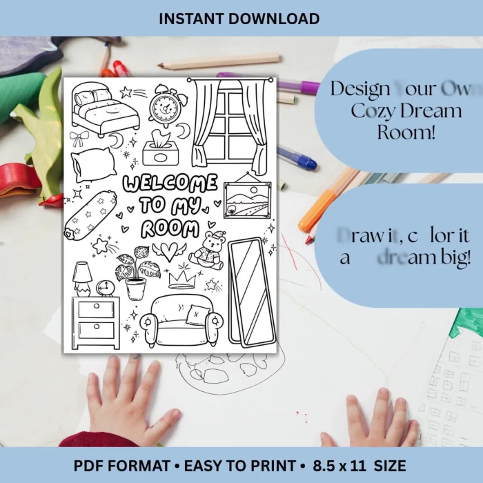 Dream Bedroom worksheet for kindergarteners featuring cut and paste activities